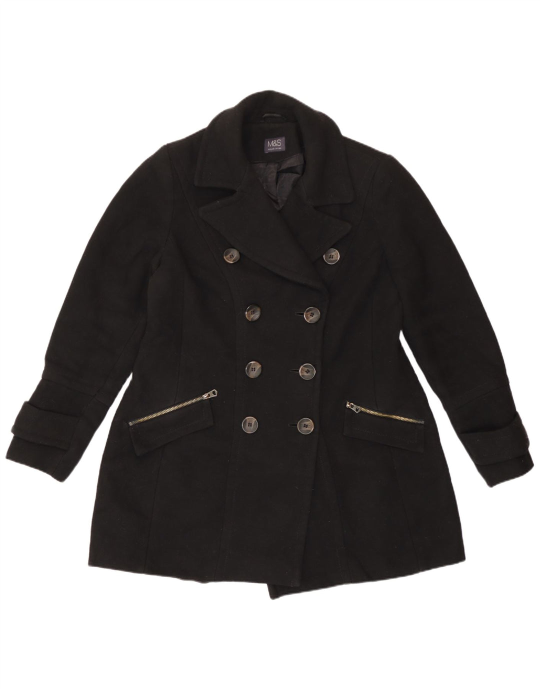 Marks & Spencer Womens Pea Coat UK 14 Large Black Polyester