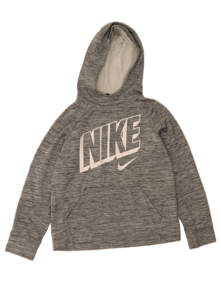 NIKE Boys Graphic Hoodie Jumper 12-13 Years Large Grey Flecked Polyester Vintage Nike and Second-Hand Nike from Messina Hembry 