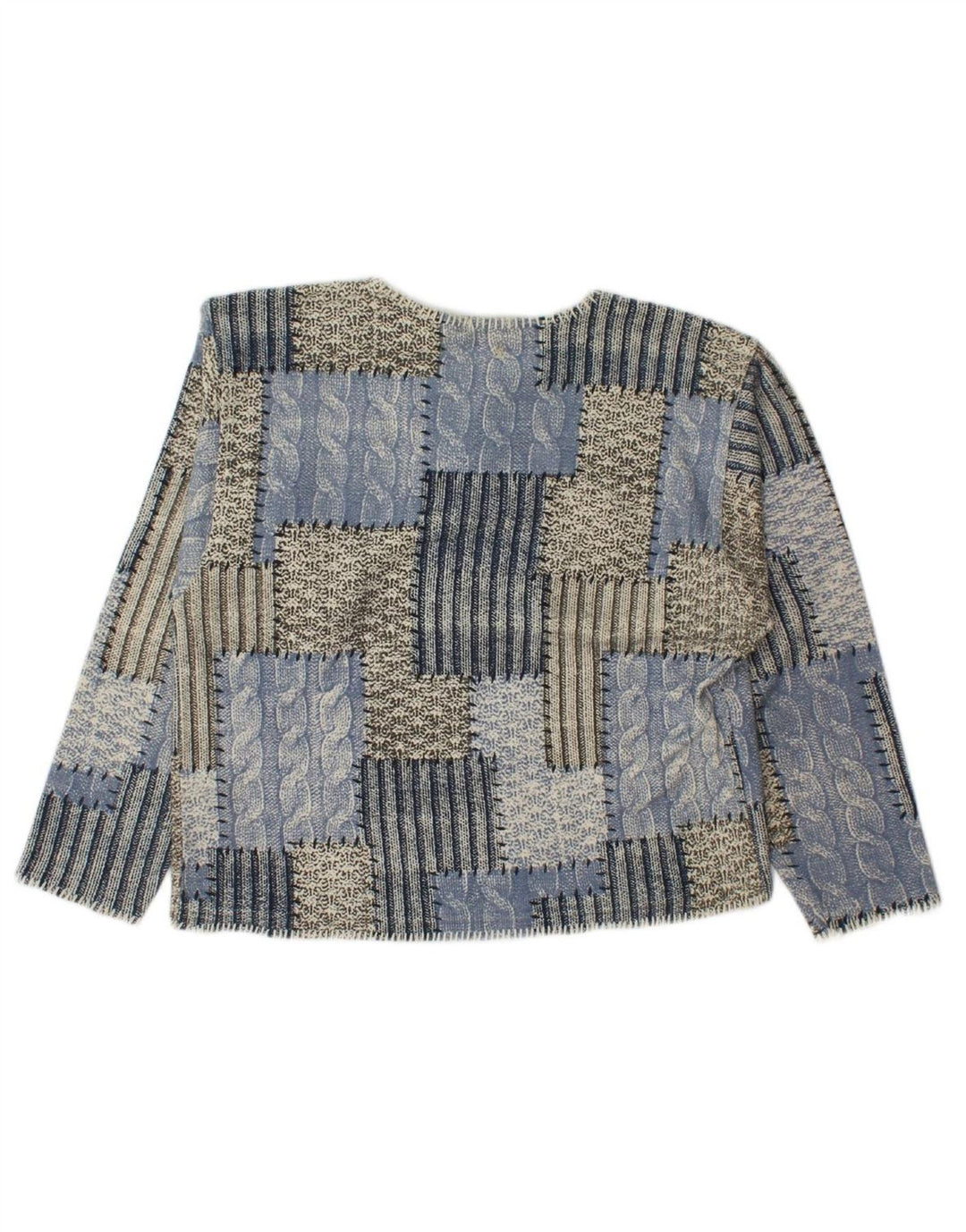 VINTAGE Womens Crew Neck Jumper Sweater UK 14 Medium Blue Patchwork Cotton