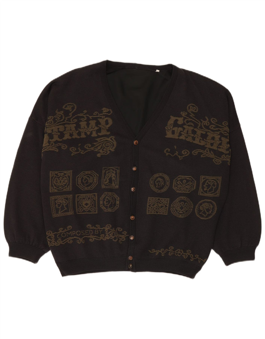 Vintage herre grafisk cardigan sweater 3XL grå patchwork viskose