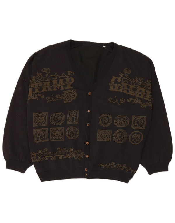 Vintage herre grafisk cardigan sweater 3XL grå patchwork viskose