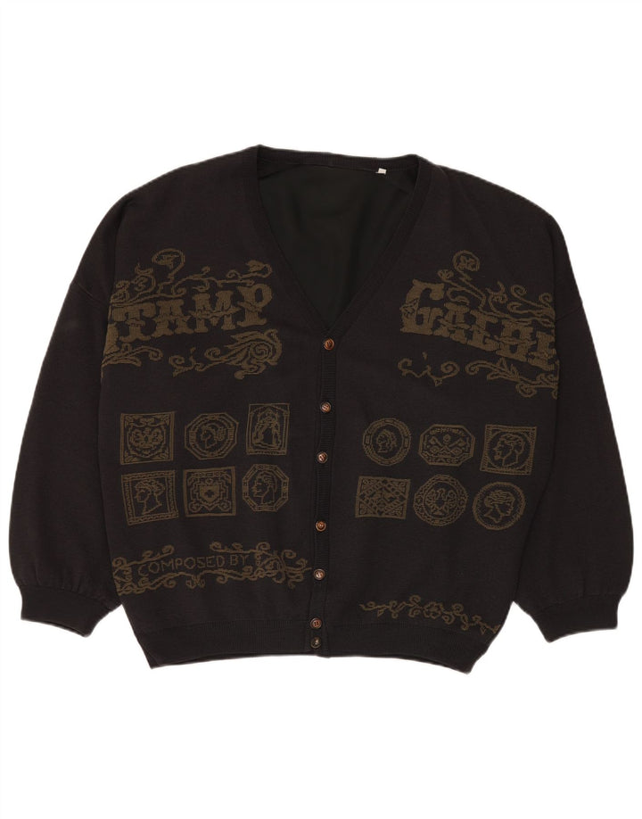 Vintage herre grafisk cardigan sweater 3XL grå patchwork viskose