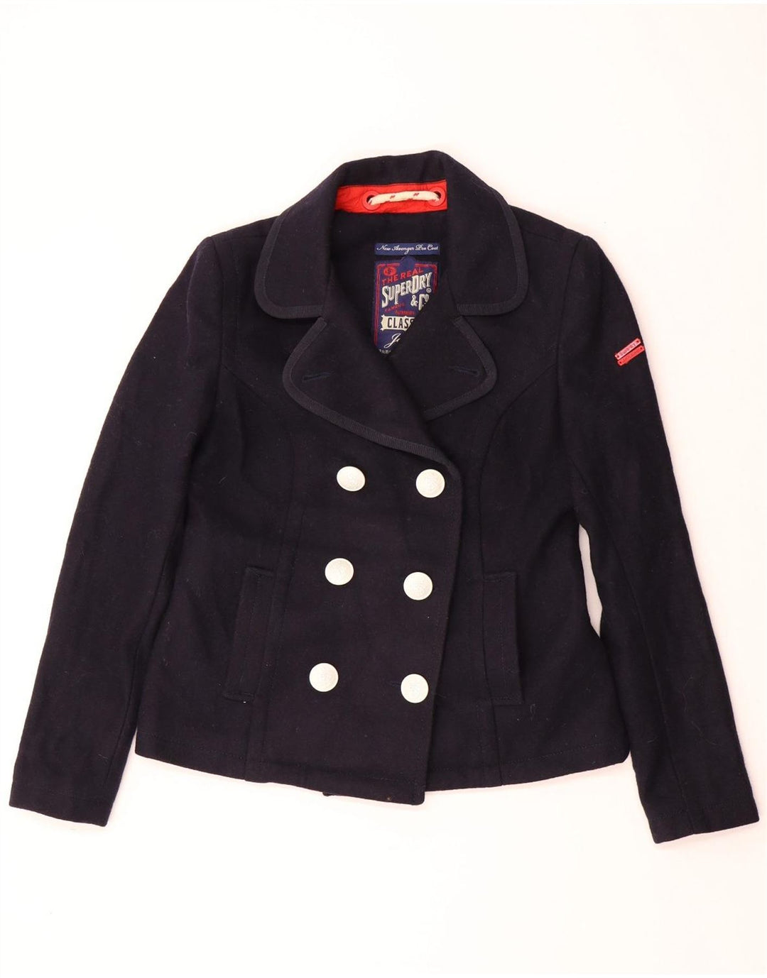 SUPERDRY Womens Pea Coat UK 14 Medium Navy Blue Uld