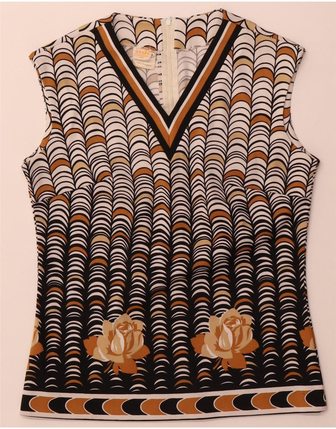 Vintage ærmeløs bluse til kvinder IT 40 Lille beige geometrisk polyester