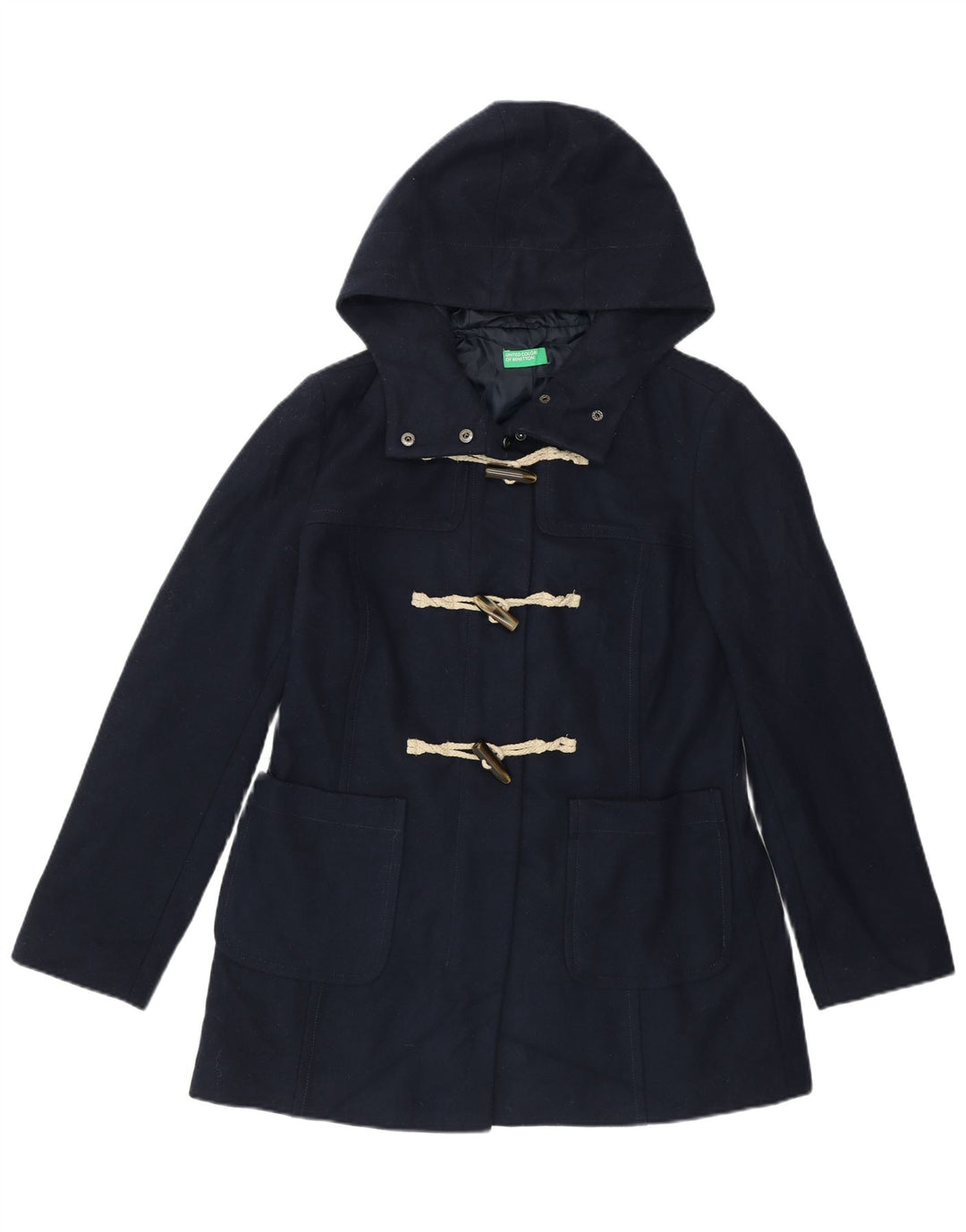 BENETTON Dame Hooded Duffel Coat UK 14 Large Navy Blue Wool