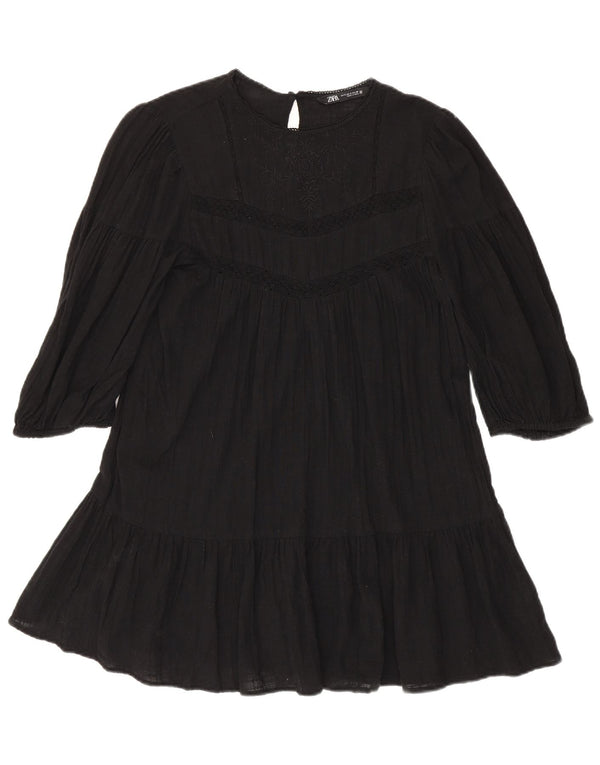 Zara Dame 3/4-ærmet Tiered Dress UK 10 Small Black Floral Bomuld