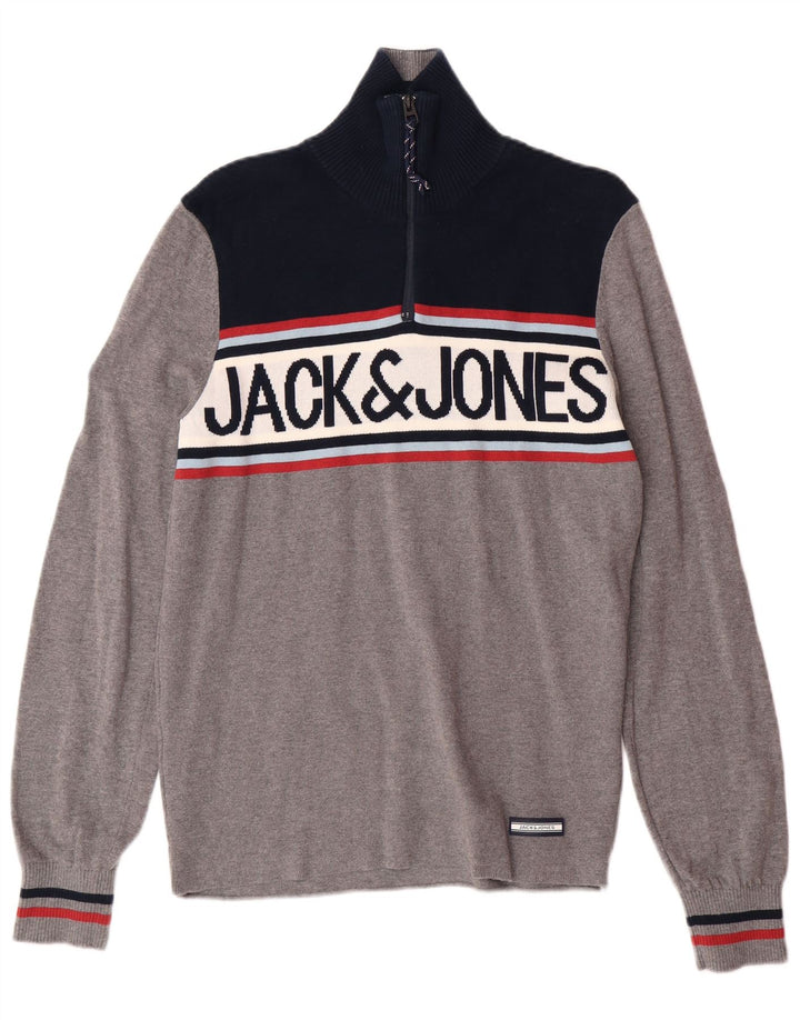 JACK & JONES Herre grafisk lynlås-hals sweater lille grå farveblok