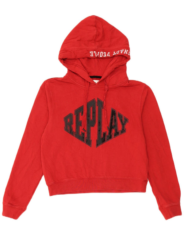 Replay Dame Grafisk Crop Hoodie Jumper UK 14 Medium Rød Bomuld