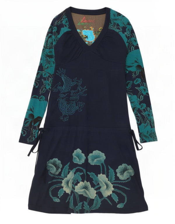 Desigual Kvinders Grafisk Langærmet A-Line Kjole UK 4 XS Navy Blue Floral