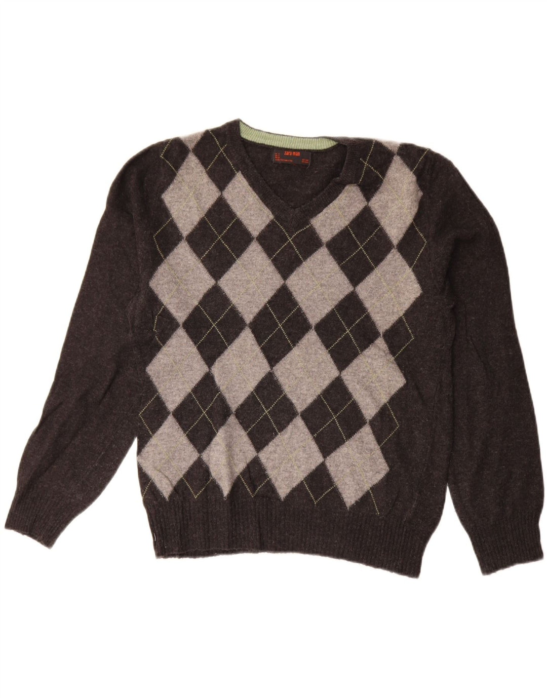 ZARA Herre V-hals sweater Medium Grey Argyle/Diamond Wool