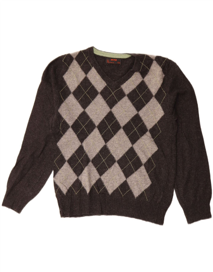 ZARA Herre V-hals sweater Medium Grey Argyle/Diamond Wool