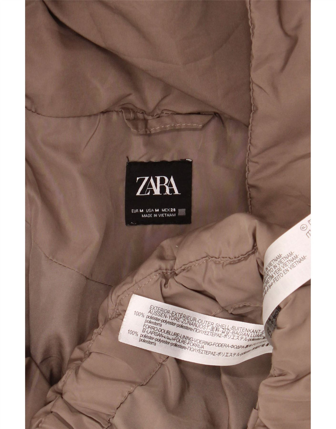 Zara Dame Hætte Oversized Polstret Jakke UK 14 Medium Brun Polyester