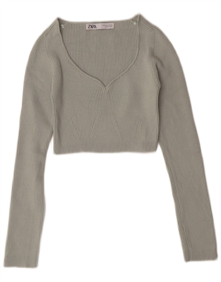 ZARA Womens Crop V-hals sweater UK 8 Small Green Polyester