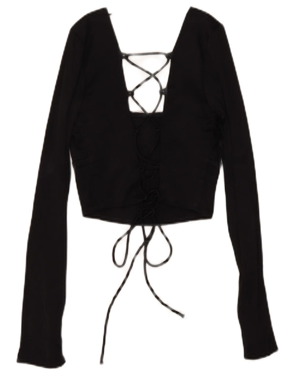 Zara Dame Crop Langærmet Bluse Top UK 6 XS Sort Viscose
