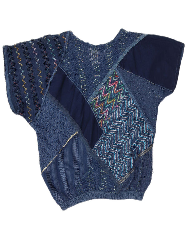 Vintage Dame bluse Top UK 16 Large Navy Blue Patchwork