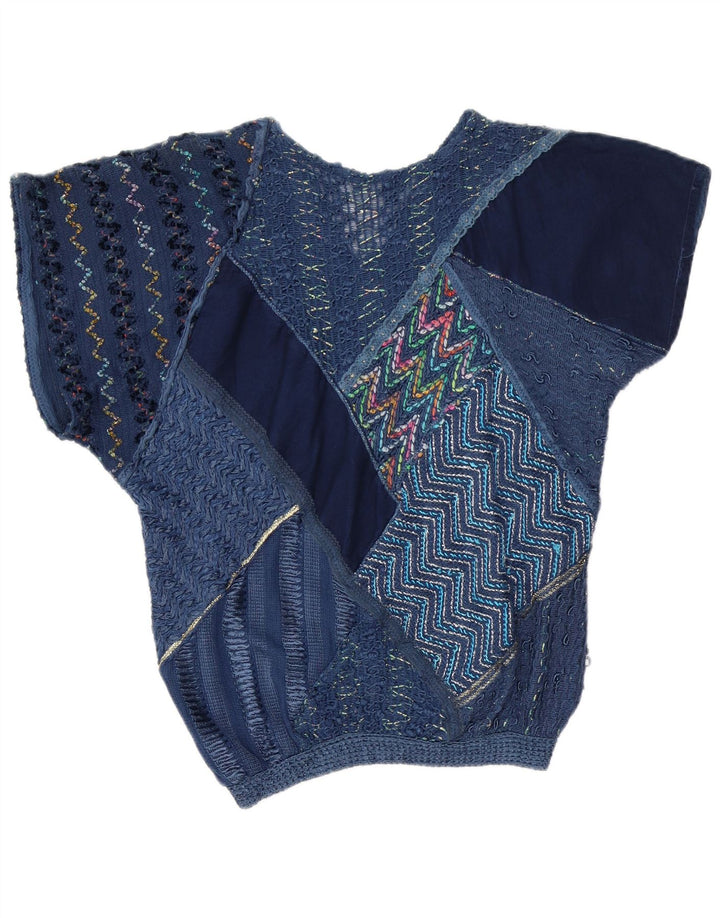 Vintage Dame bluse Top UK 16 Large Navy Blue Patchwork