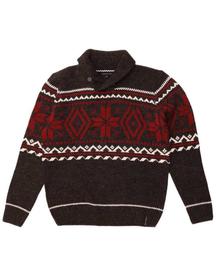 Vintage herre sjal hals sweater medium grå Fair Isle