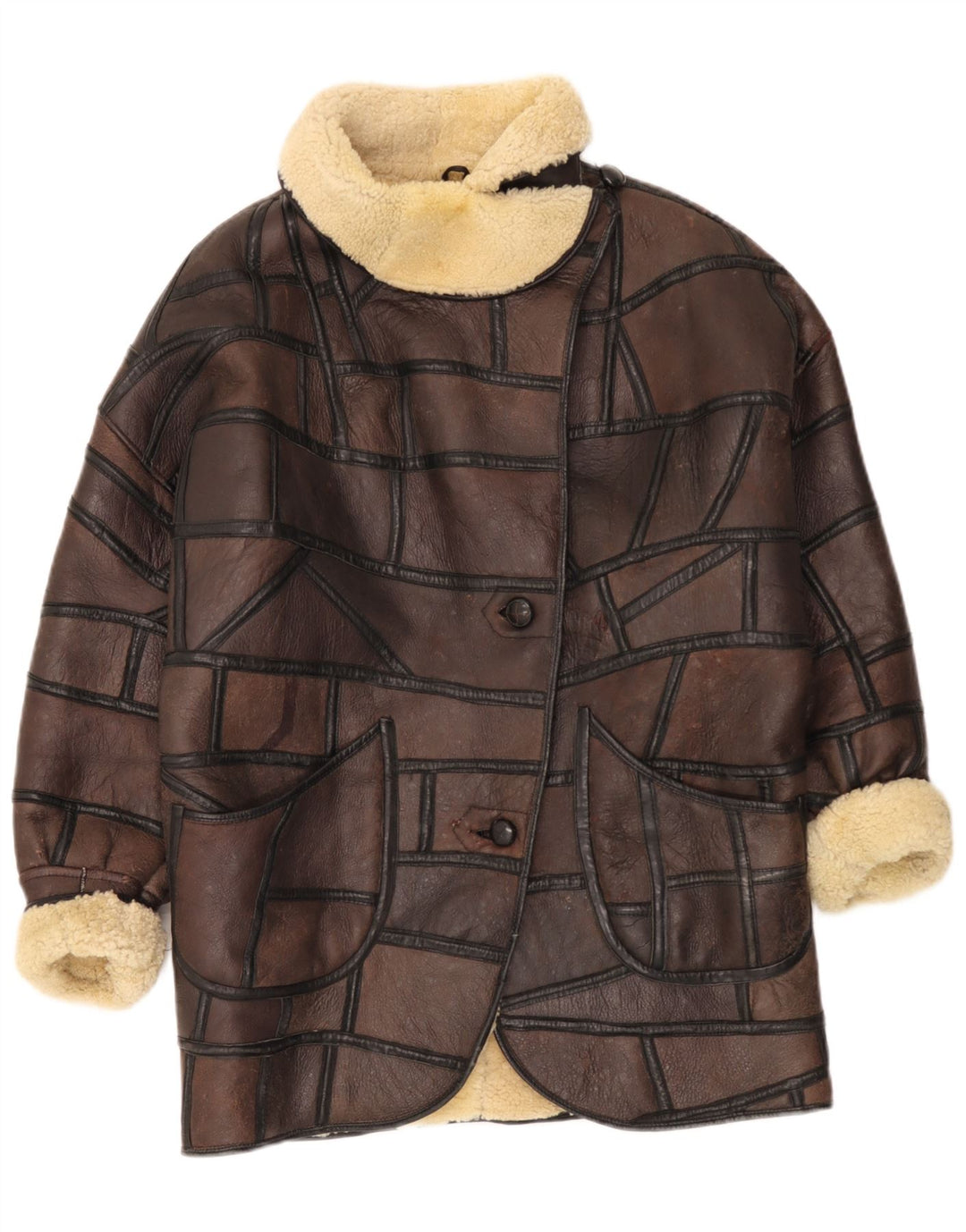 Vintage Dame Shearling Coat UK 18 XL Brun Patchwork
