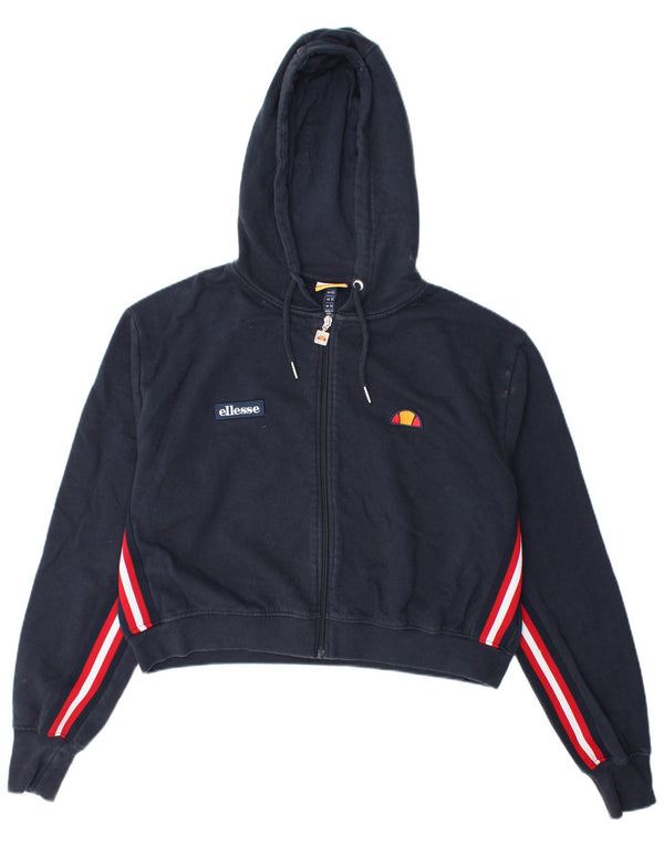 Ellesse Dame Crop Zip Hoodie Sweater UK 14 Large Navy Blue Striped