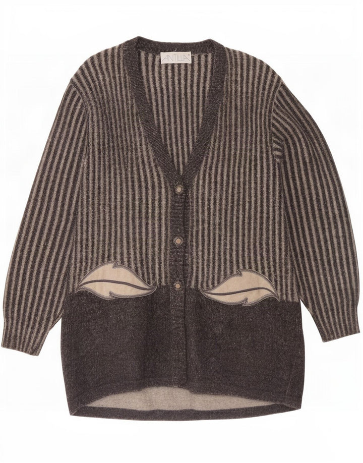 Vintage Dame Longline Cardigan Sweater UK 14 Medium Grå Stribet Uld