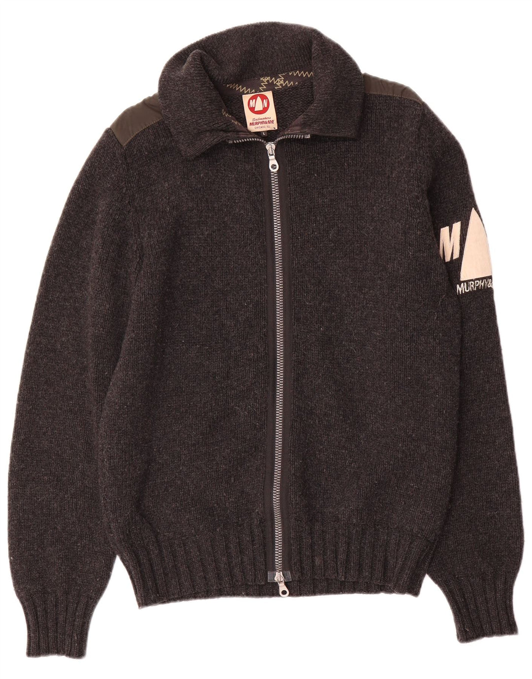 Murphy & Nye Herre Sailmakers Graphic Cardigan Sweater Large Grey Wool