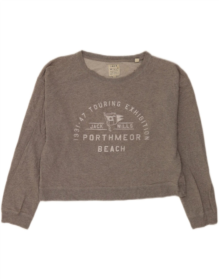 Jack Wills Womens Graphic Crop Sweatshirt Jumper UK 12 Medium Grey Bomuld