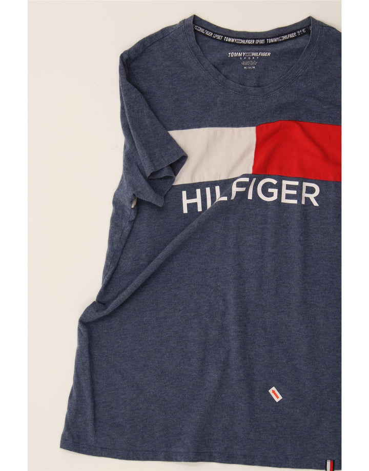 TOMMY HILFIGER Mens Graphic T-Shirt Top Medium Navy Blue Colourblock Vintage Tommy Hilfiger and Second-Hand Tommy Hilfiger from Messina Hembry 