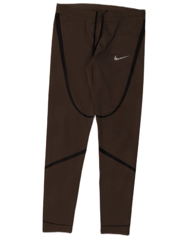 Nike Dame Dri Fit Leggings UK 12 Medium Brun Stribet Polyester