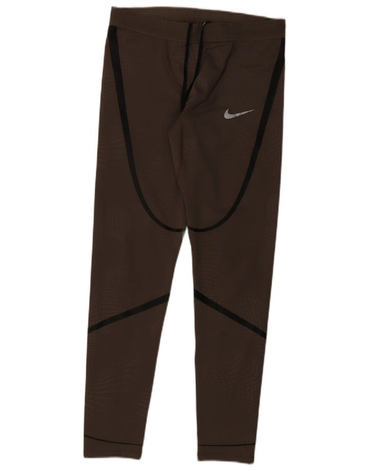 Nike Dame Dri Fit Leggings UK 12 Medium Brun Stribet Polyester