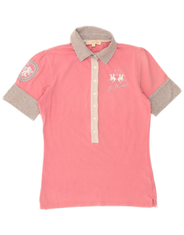 La Martina Grafisk poloskjorte til kvinder UK 12 Medium Pink Colourblock Bomuld