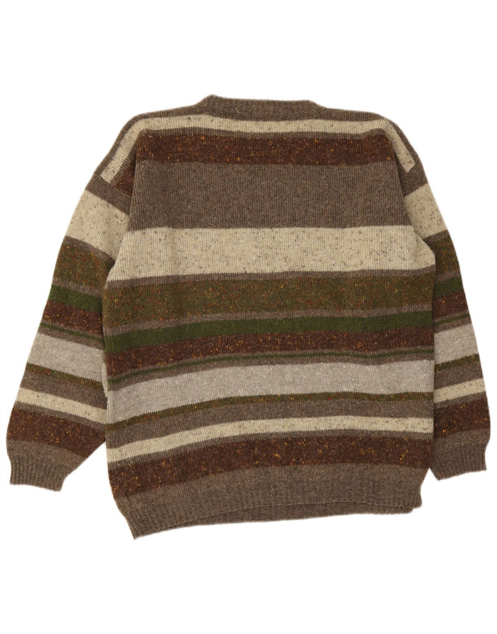 Vintage mænd med rund hals sweater medium Khaki stribet uld