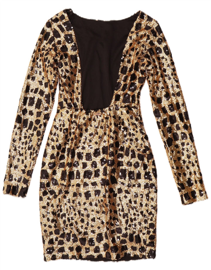 GUESS Dame Langærmet Pailletter Bodycon Kjole UK 6 XS Guld Geometrisk