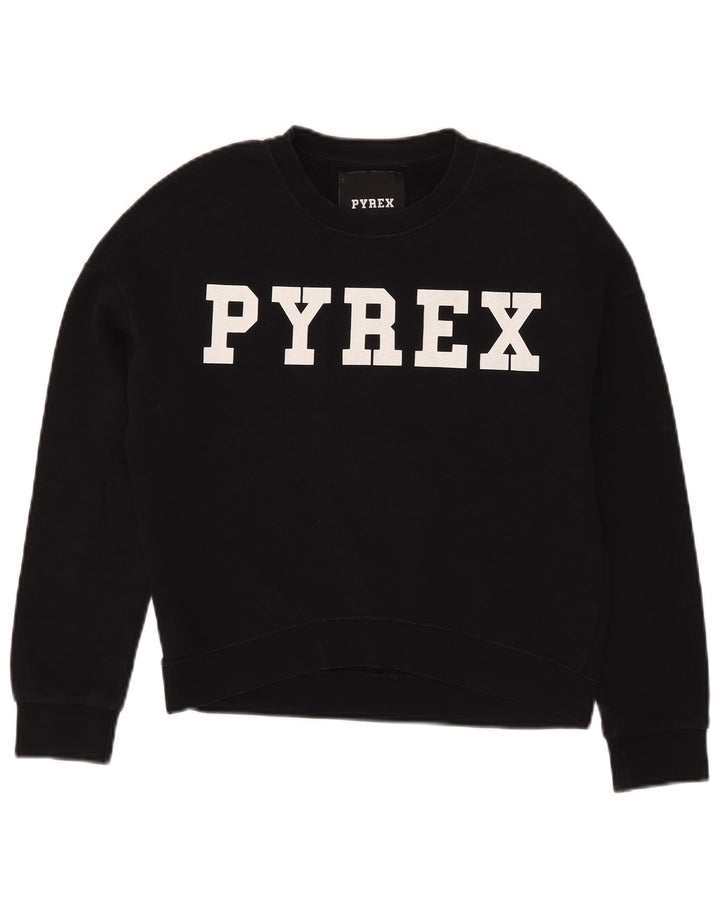 Pyrex Womens Oversized Crop Graphic Sweatshirt Jumper UK 6 XS Sort bomuld