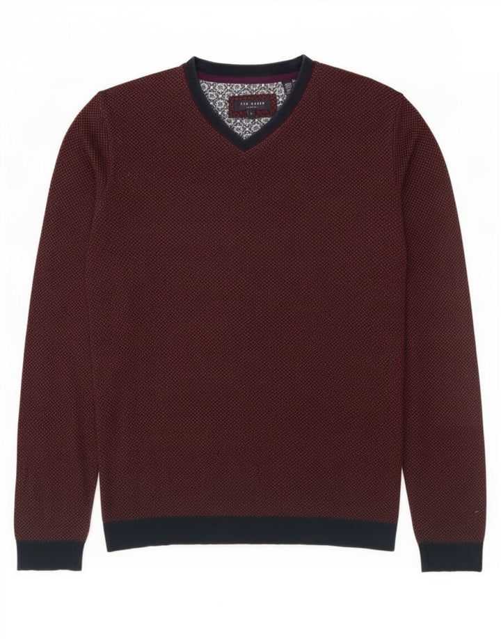 Ted Baker Herre V-hals sweater Størrelse 2 Lille brun geometrisk bomuld