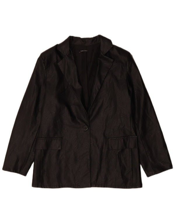 VINTAGE Dame 1 knap imiteret læder blazerjakke UK 12 Medium Sort