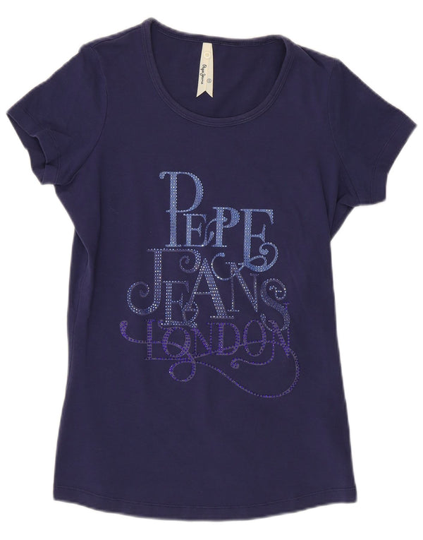 PEPE Jeans Dame Grafisk T-Shirt Top UK 10 Small Navy Blue Bomuld