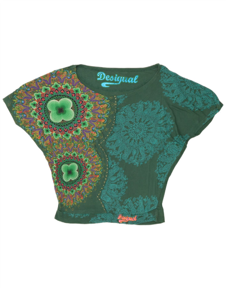 Desigual Dame Oversized Grafisk Batwing Bluse Top UK 14 Medium Grøn