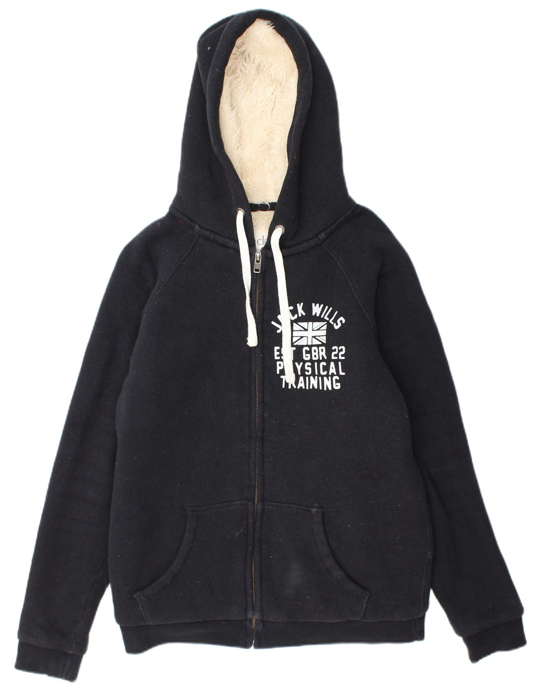 JACK WILLS Dame Grafisk Sherpa Hættetrøje Sweater med lynlås UK 10 Lille Sort