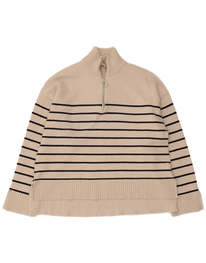 Zara Dame Oversized Zip Neck Jumper Sweater UK 10 Small Beige Striped