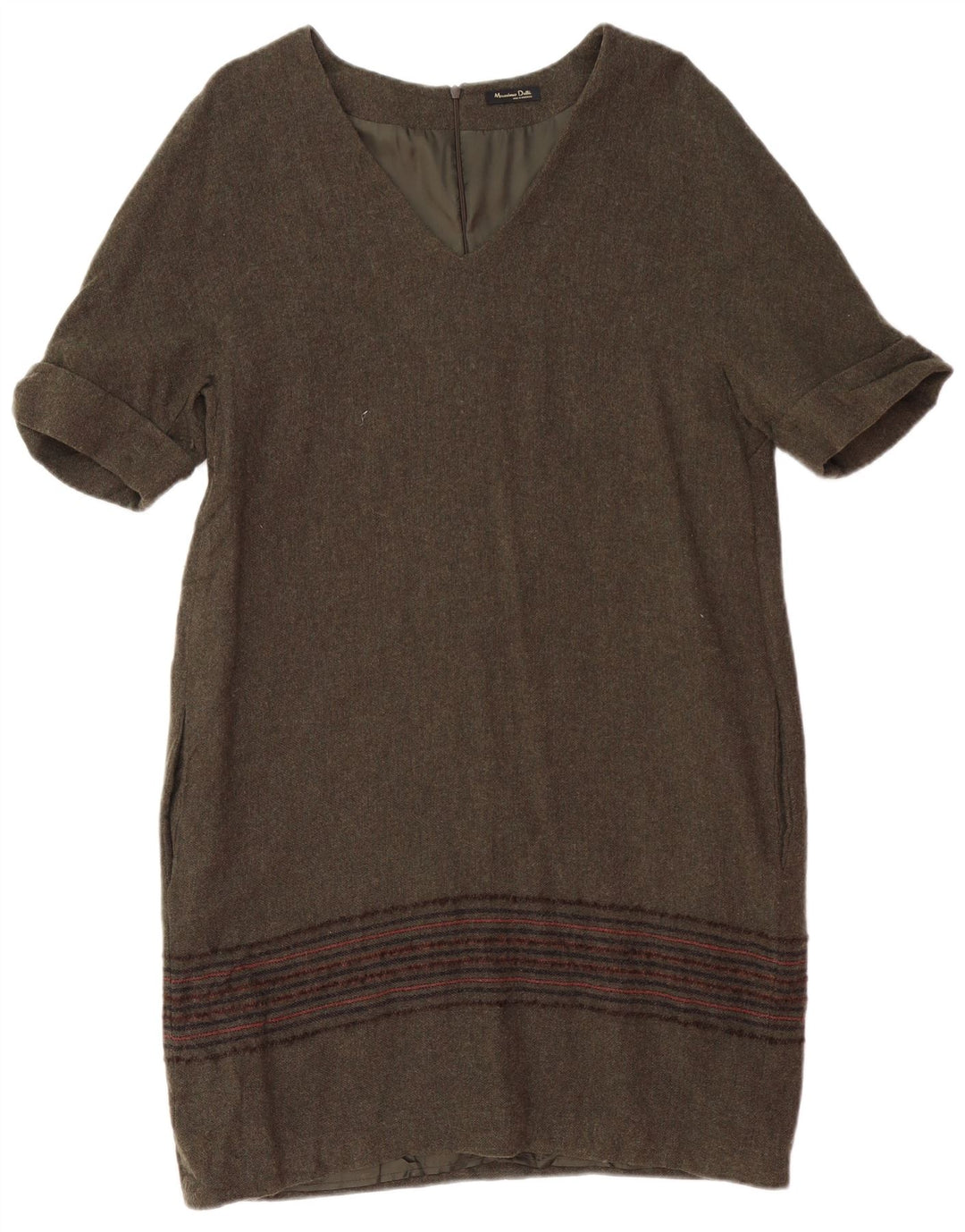 MASSIMO DUTTI Dame Shift Dress UK 14 Stor Khaki Stribet Uld