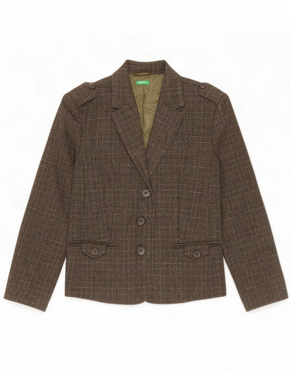 Benetton Womens Military 3-knaps blazerjakke IT 46 Large Khaki Check
