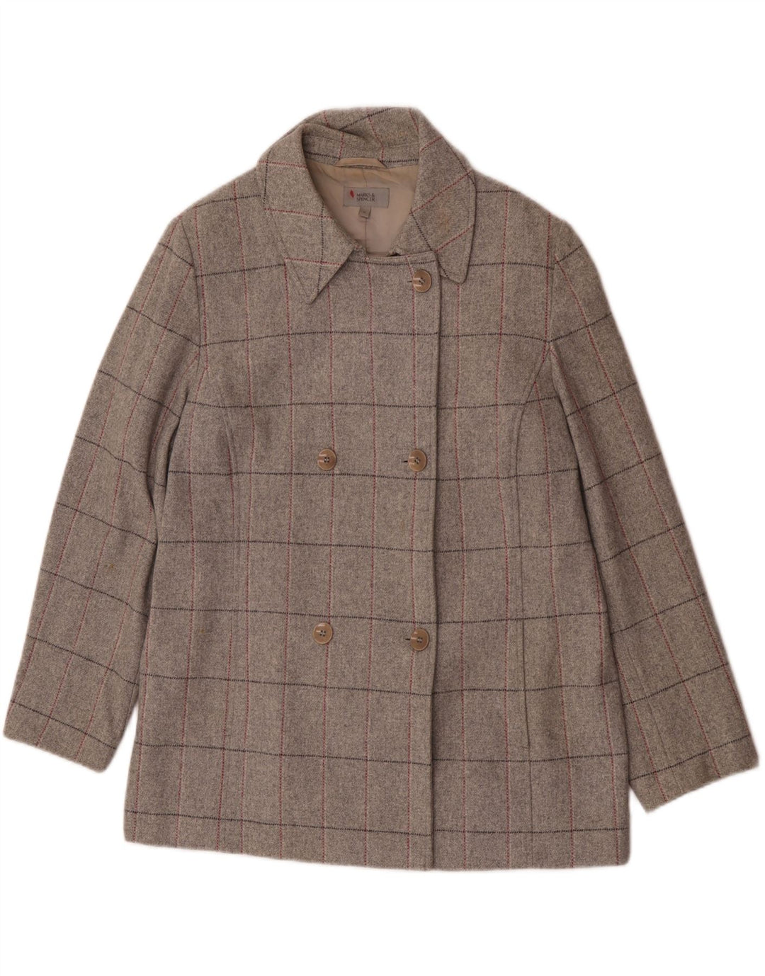 Marks & Spencer Dame Dobbeltradet Frakke UK 18 XL Grå ternet New Wool