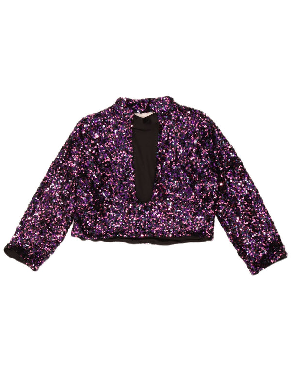 Zara Womens Crop 3/4-ærmet blusetop UK 14 Large Purple Flecked