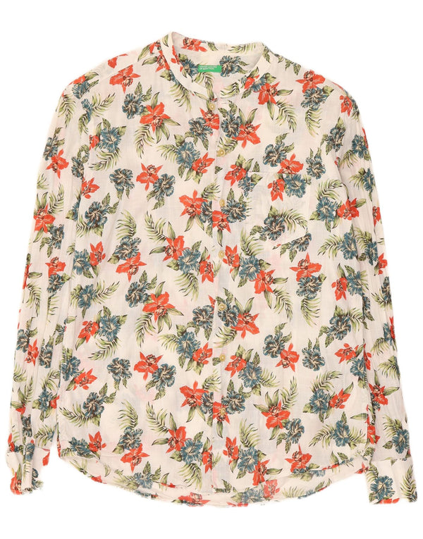 Benetton Mens Shirt Large White Floral Cotton