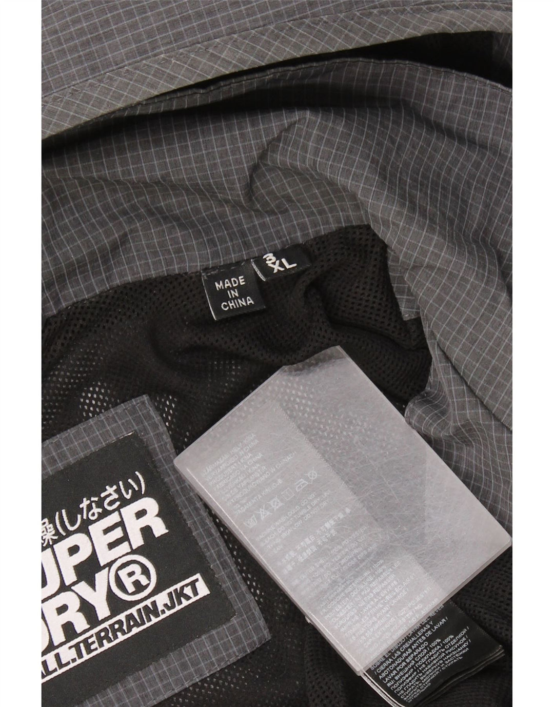 Superdry Grafisk regnjakke med hætte til mænd UK 46 3XL grå ternet polyester