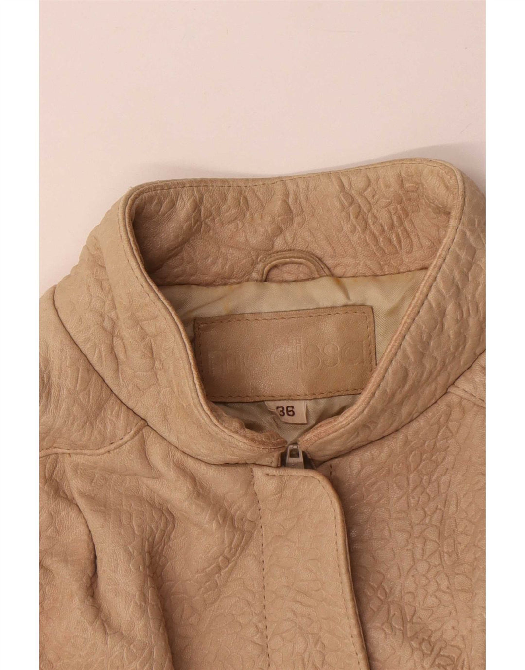 Vintage Dame Oversized Læderjakke EU 36 Small Beige Animal Print