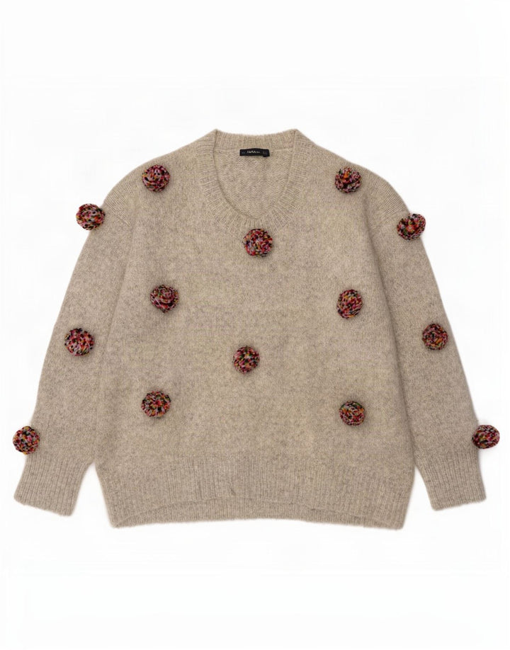 Zara Dame Oversized Crew Neck Jumper Sweater UK 10 Small Grey Flecked