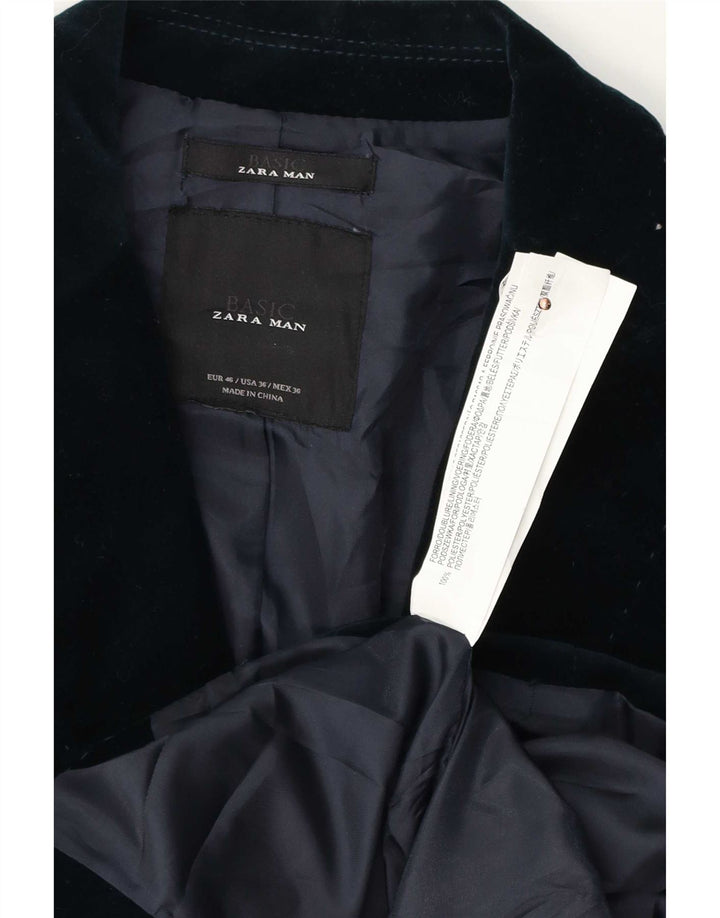 Zara Herre 2-knaps Velour Blazer Jacket EU 46 Small Navy Blue Polyester