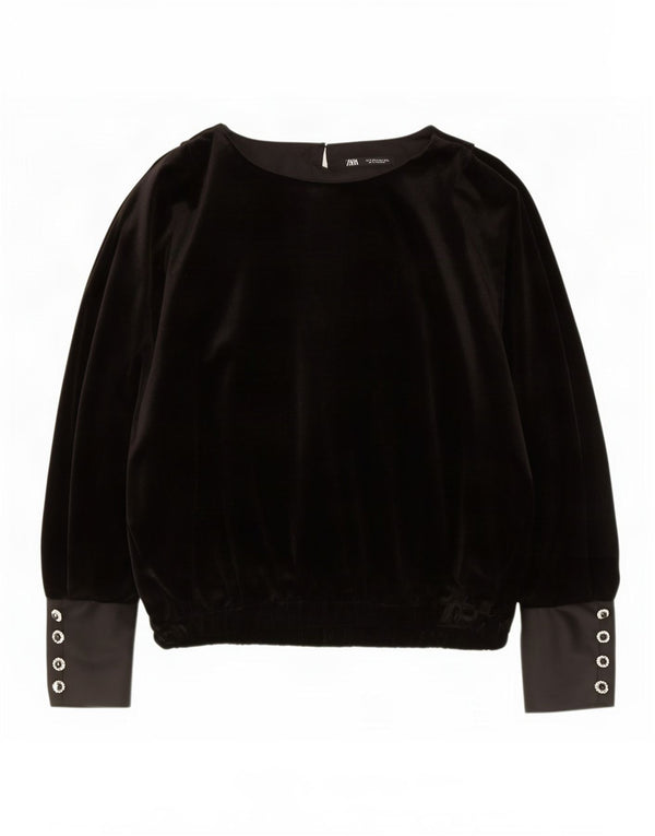 Zara Dame Oversized Langærmet Velvet Bluse Top UK 14 Medium Black