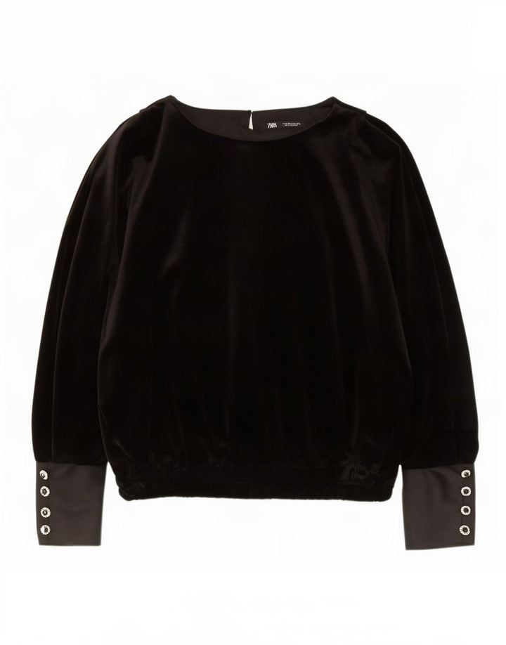 Zara Dame Oversized Langærmet Velvet Bluse Top UK 14 Medium Black